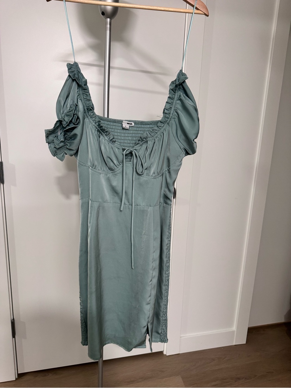 Fashion Nova Sage Green Satin Midi Dress with Puff Sleeves